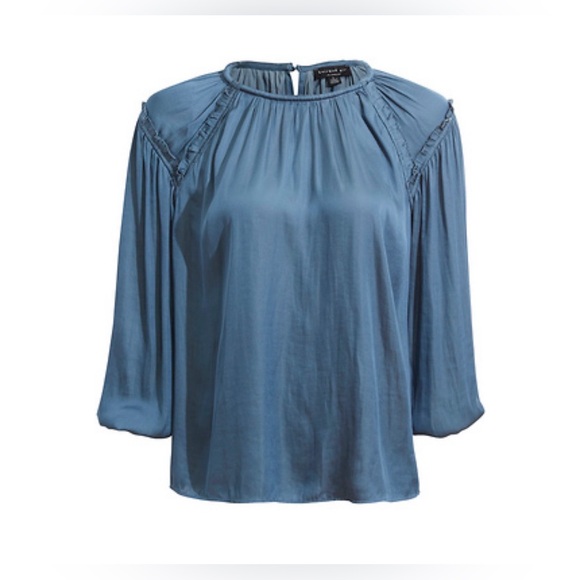 Current Air Slate Blue Ruffle Detail Pleated Satin Blouse Office Stylish Classic - Picture 3 of 11